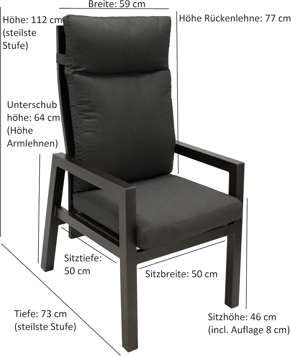 DEGAMO 2X Hochlehner Gartensessel MANCIANO, Aluminium rostfrei anthrazit, mit Polstern dunkelgrau, Rückenteil stufenlos verstellbar mit Gasfeder — Ansicht 2