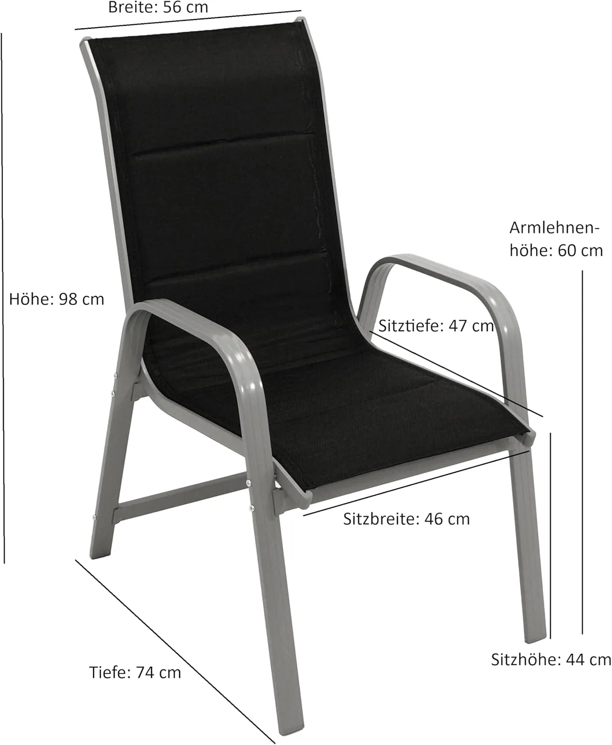 DEGAMO 2X Stapelsessel CESANO, Alu Silbergrau + Textilgewebe gepolstert schwarz, stapelbar, wetterfest, Outdoor — Ansicht 2