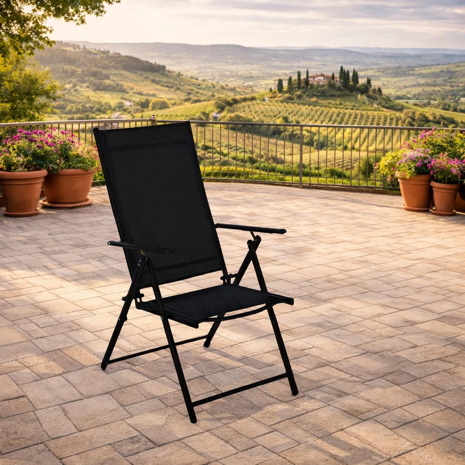 DEGAMO 4X Klappsessel Milano, Metall schwarz + Textilgewebe gepolstert schwarz, 7-Fach verstellbar, wetterfest, Outdoor — Ansicht 2