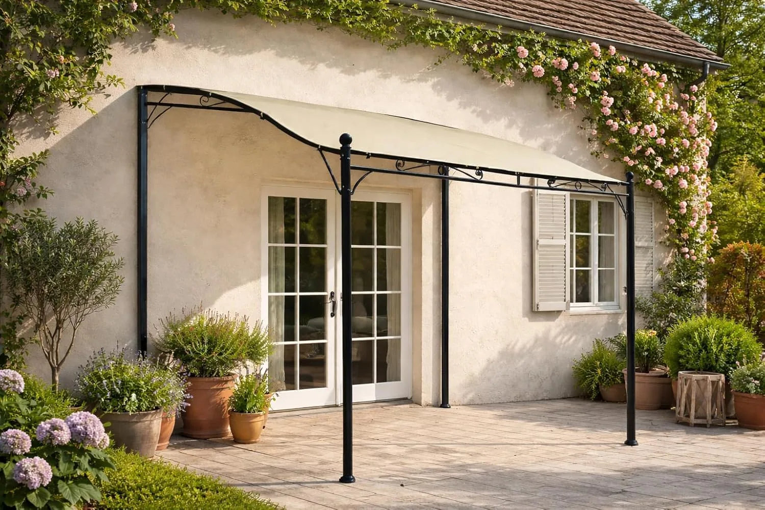 DEGAMO Anbaupavillon Mantova 300x250cm, Stahlgestell schwarz + Dach wasserdicht Ecru — Ansicht 2