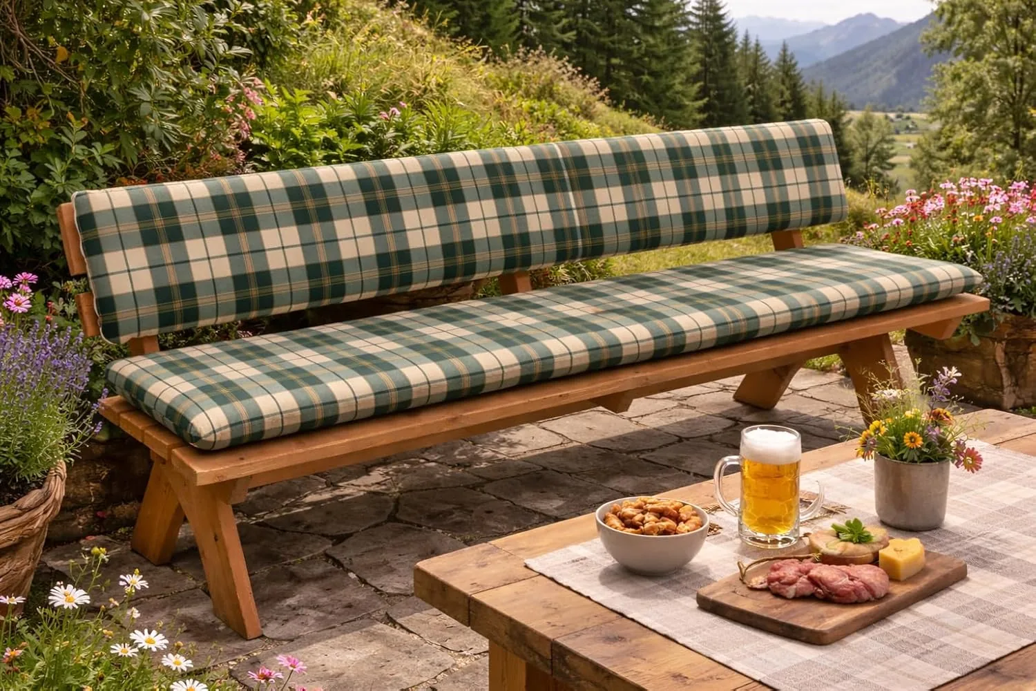DEGAMO Auflagenset Bankauflage Boston 2-teilig für Gartenbank 4-sitzer 195cm, Sitz- und Rückenpolster, grün-kariert, Outdoor — Ansicht 3