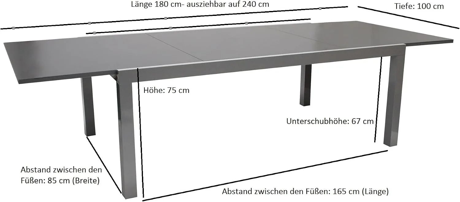 DEGAMO Ausziehtisch Marina XL, 180/240x100cm, Aluminium Silbergrau + Glas dunkelgrau — Ansicht 2