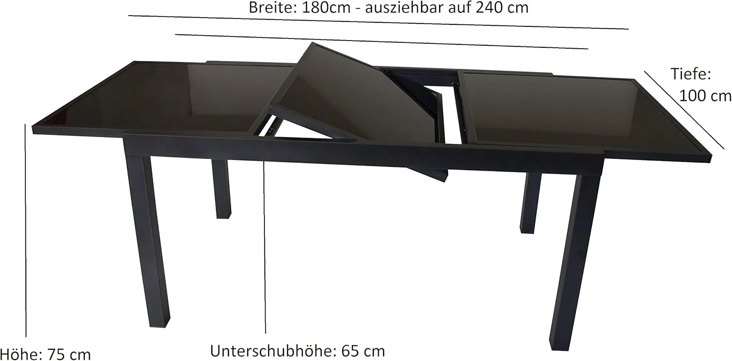 DEGAMO Ausziehtisch Torino XL 180/240x100cm, Aluminium anthrazit + Glas schwarz — Ansicht 4