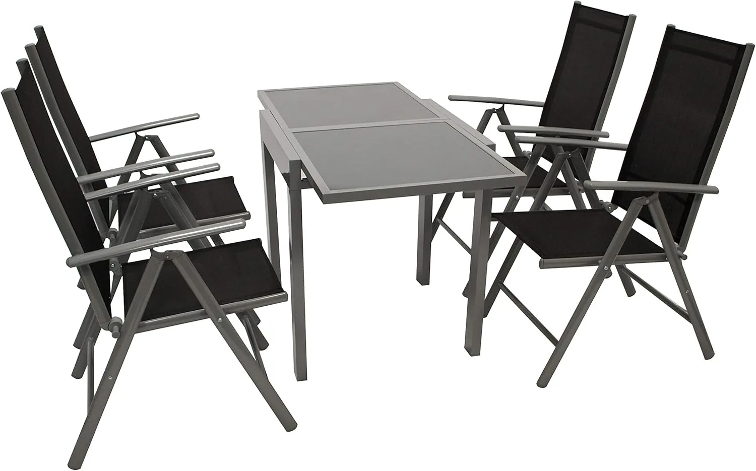 DEGAMO Balkongarnitur Amalfi 5-teilig, 4X Klappsessel aus Aluminium Silbergrau und Textilgewebe schwarz, 1x Ausziehtisch 65/130x65cm grau + Glasplatte dunkelgrau