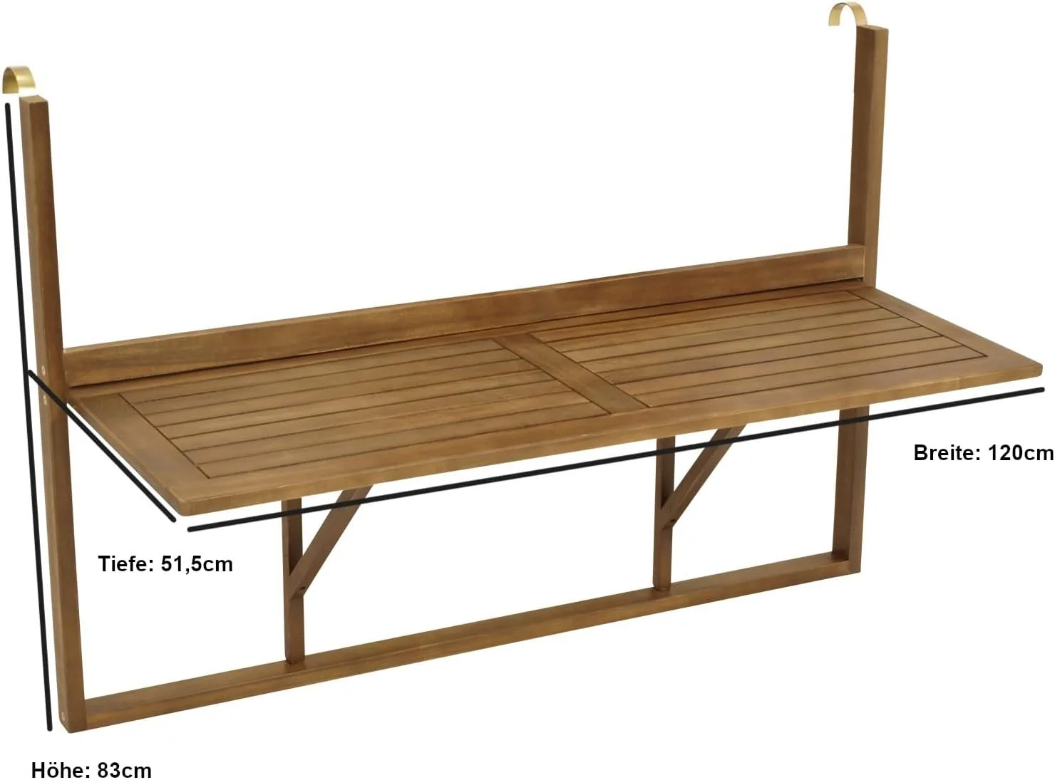 DEGAMO Balkonhängetisch 120x40cm klappbar, Grosse Ausführung, Akazienholz, FSC®-Zertifiziert Braun — Ansicht 2