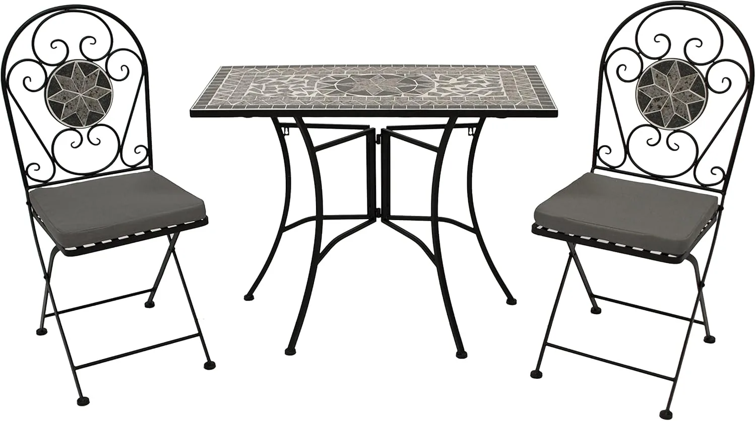 DEGAMO Balkonset Siena 3-teilig, 2X Klappstuhl und 1x Tisch 45x90cm rechteckig, Eisen schwarz mit Mosaik Dekor grau/Weiss, mit Polstern grau