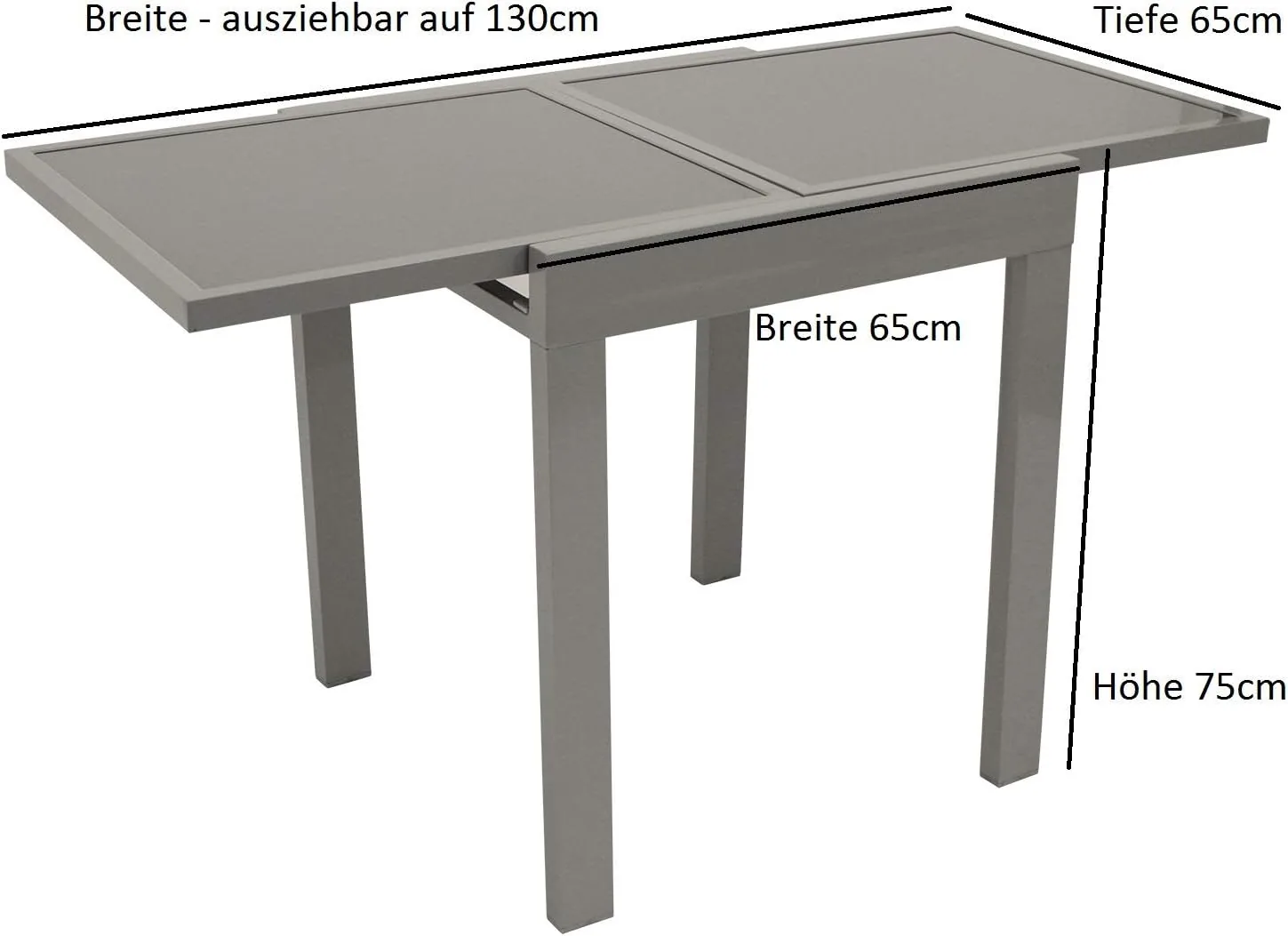 DEGAMO Balkontisch Amalfi aus Aluminium Silbergrau und Glas dunkelgrau 65x65cm, ausziehbar auf 130cm, Höhe 75cm, wetterfest — Ansicht 2