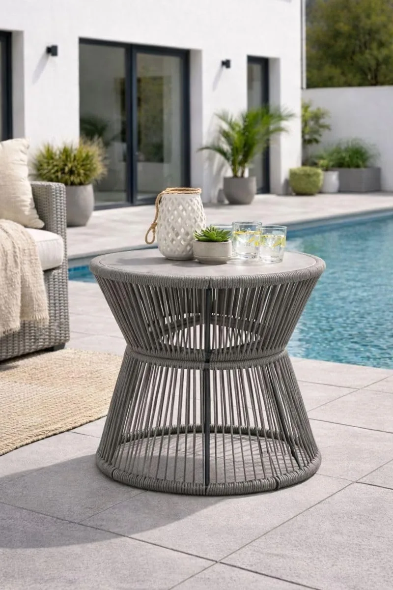 DEGAMO Beistelltisch Kaffeetisch Ancona 45cm rund, 56cm rund, Metall + Rope grau, Glas grau in Keramikoptik, Outdoor — Ansicht 2