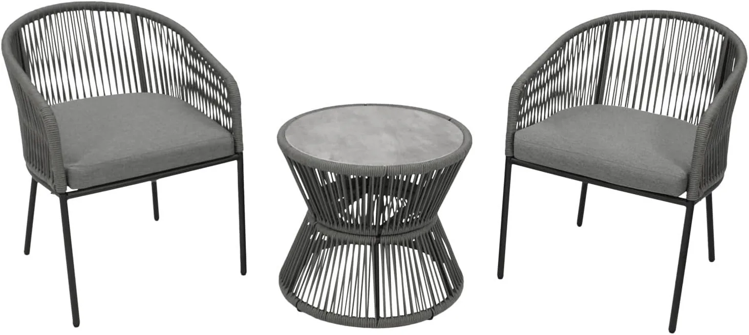 DEGAMO Bistroset Ancona 3-teilig, Gestell Stahl anthrazit + Rope grau, Polster grau, Tischplatte Glas Keramikoptik grau, Outdoor, Moderne Optik