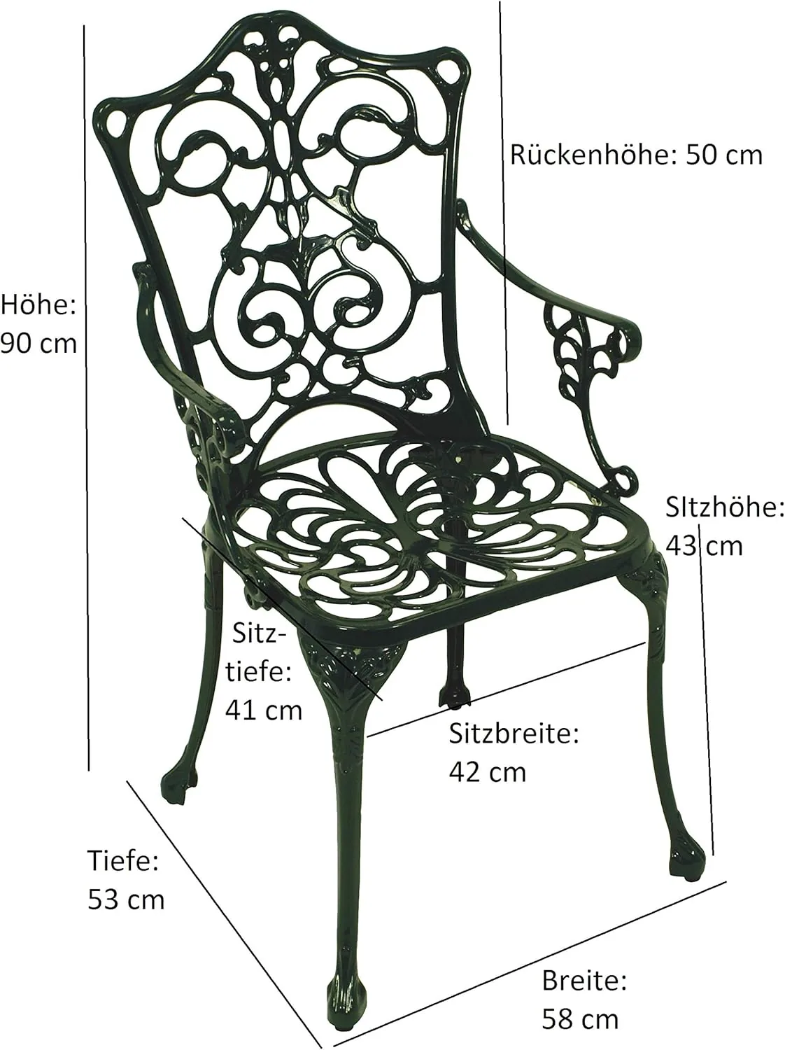 DEGAMO Bistroset in Jugendstil Optik 3-teilig, Aluguss dunkelgrün, wetterfest, 2X Sessel und 1x Tisch 70cm rund — Ansicht 4