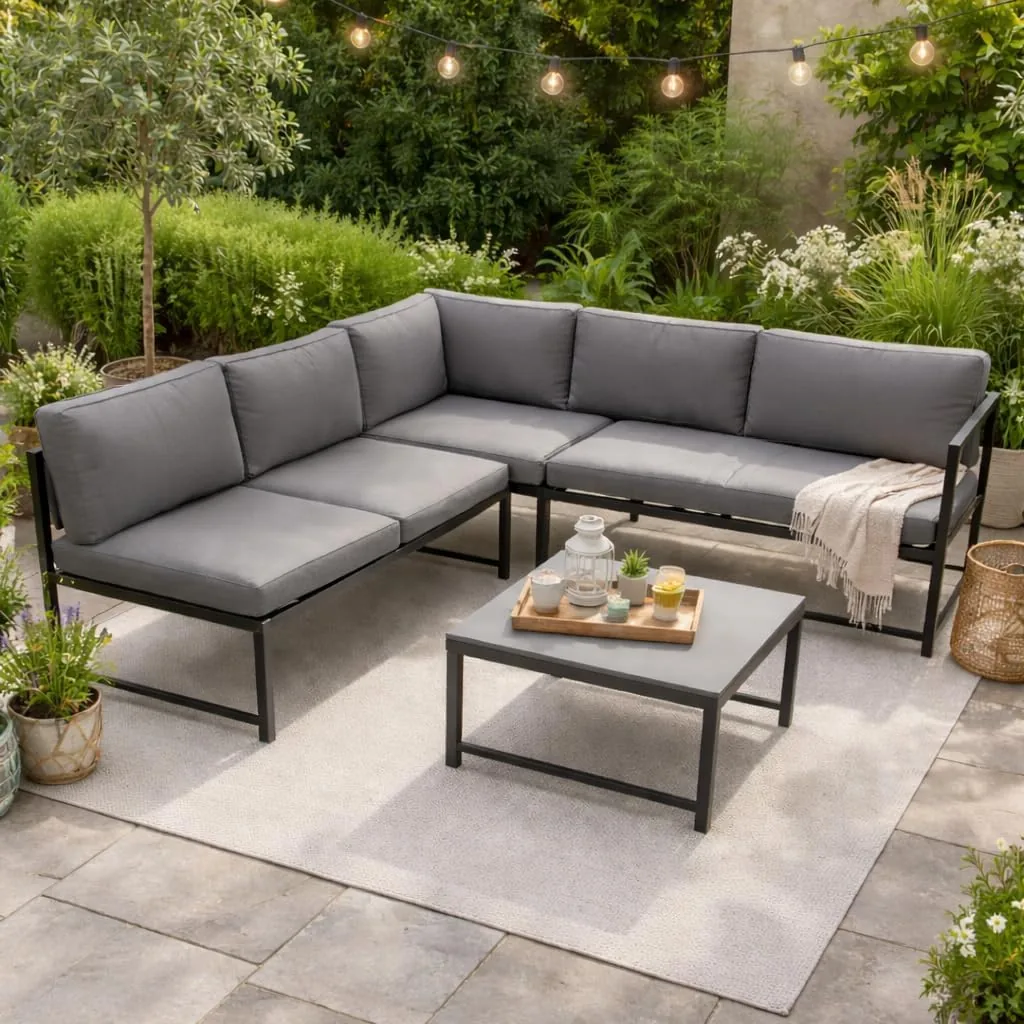 DEGAMO Funktions Eck- Loungeset Montana 192x188cm, Aluminiumgestell dunkelgrau, mit Verstellbarer Liegefunktion und Polstern grau, Outdoor wetterfest — Ansicht 2