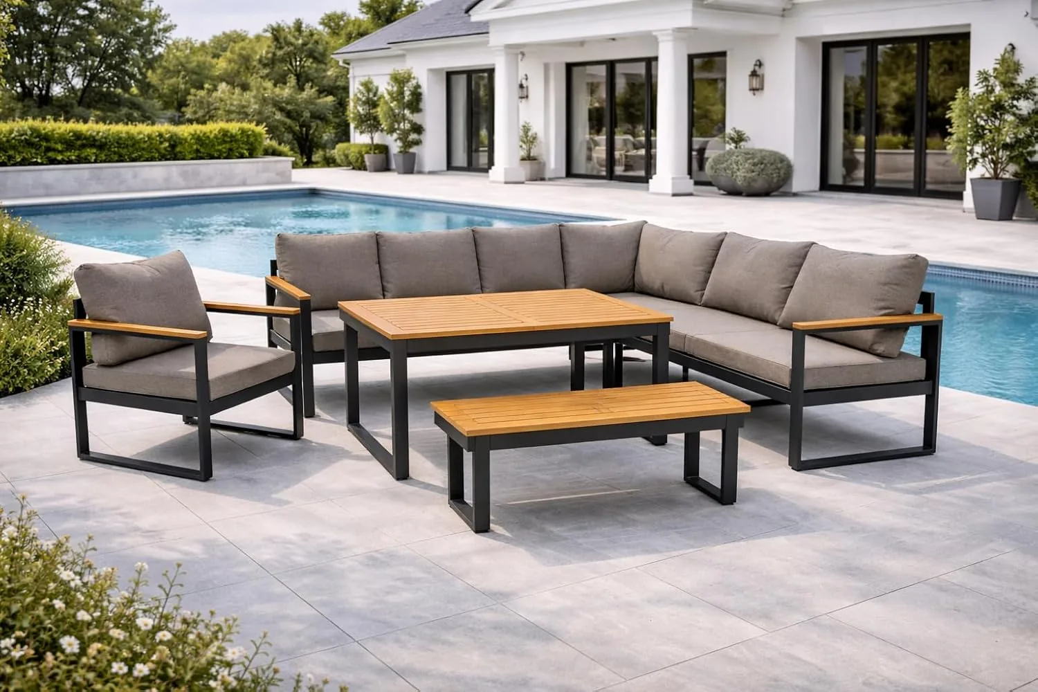 DEGAMO Funktions Eckbankset Diningset Kampala 4-teilig, Aluminium anthrazit + Akazie, Polster Mittelgrau, mit Liegefunktion, Outdoor — Ansicht 2