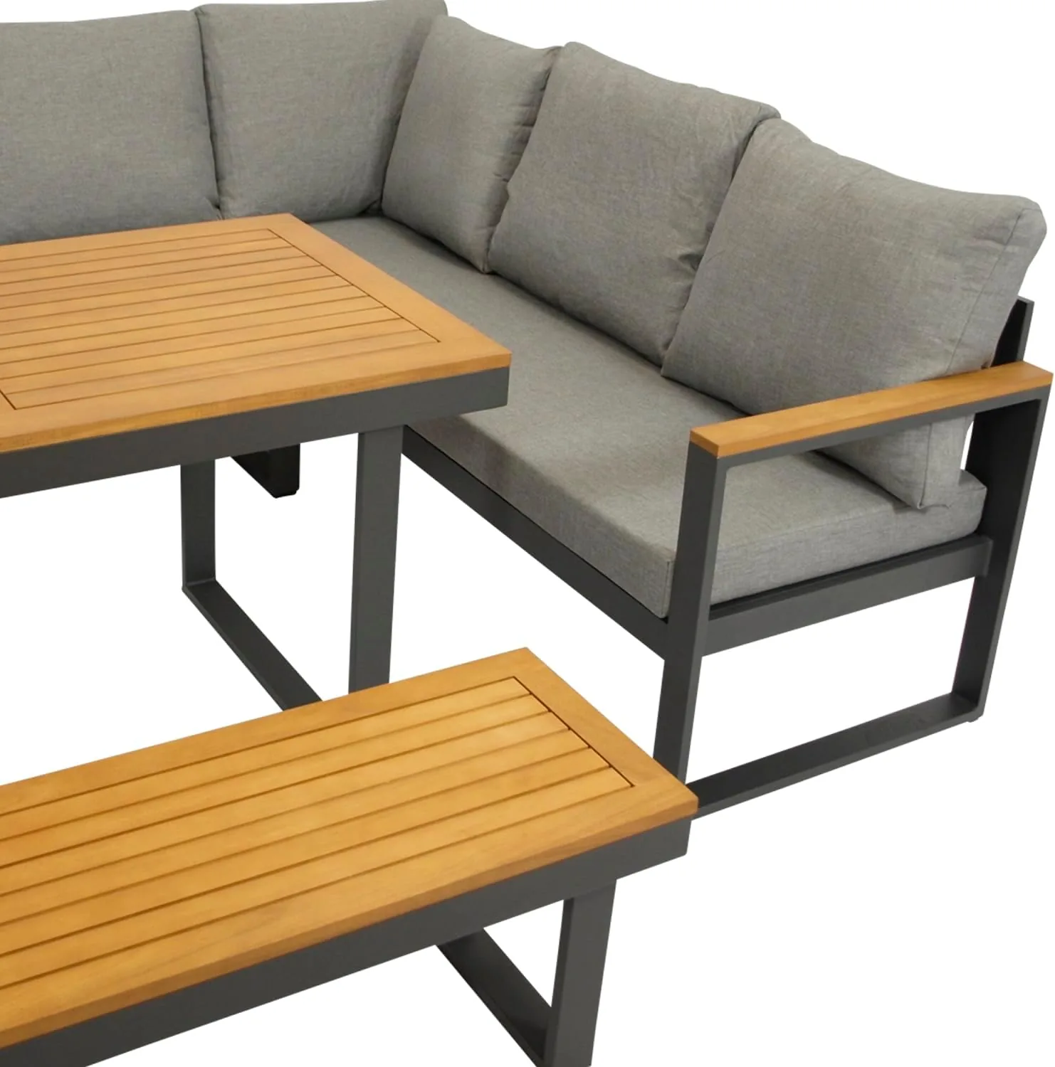 DEGAMO Funktions Eckbankset Diningset Kampala 4-teilig, Aluminium anthrazit + Akazie, Polster Mittelgrau, mit Liegefunktion, Outdoor — Ansicht 6