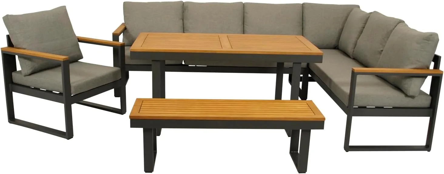 DEGAMO Funktions Eckbankset Diningset Kampala 4-teilig, Aluminium anthrazit + Akazie, Polster Mittelgrau, mit Liegefunktion, Outdoor