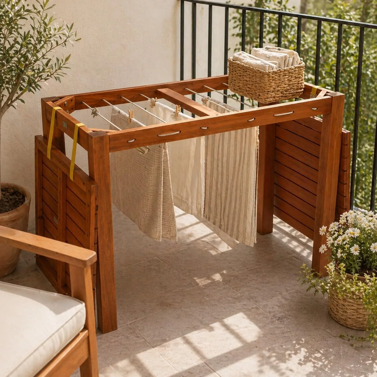 DEGAMO Funktions Gartentisch mit Wäscheständerfunktion, 100x60x75cm, Eukalyptus braun geölt, FSC®-Zertifiziert, Outdoor und Indoor — Ansicht 2