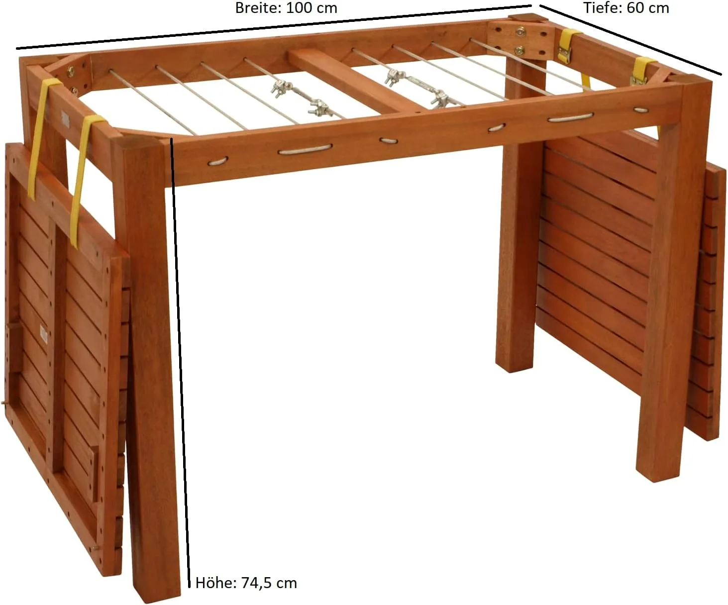 DEGAMO Funktions Gartentisch mit Wäscheständerfunktion, 100x60x75cm, Eukalyptus braun geölt, FSC®-Zertifiziert, Outdoor und Indoor — Ansicht 3