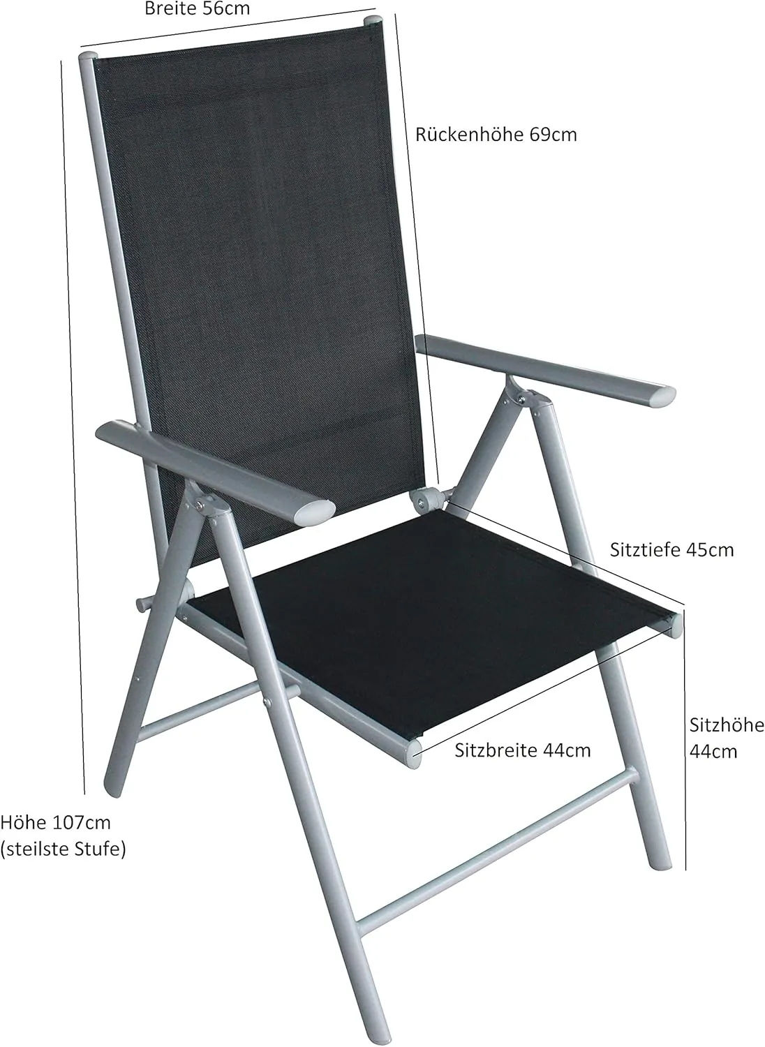DEGAMO Garnitur Ravenna 5-teilig, 4X Alu Klappsessel mehrfach verstellbar schwarz, 1x Glastisch 70x120cm, Outdoor — Ansicht 6