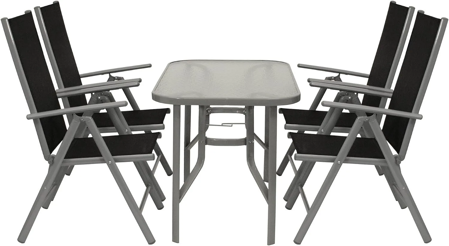 DEGAMO Garnitur Ravenna 5-teilig, 4X Alu Klappsessel mehrfach verstellbar schwarz, 1x Glastisch 70x120cm, Outdoor