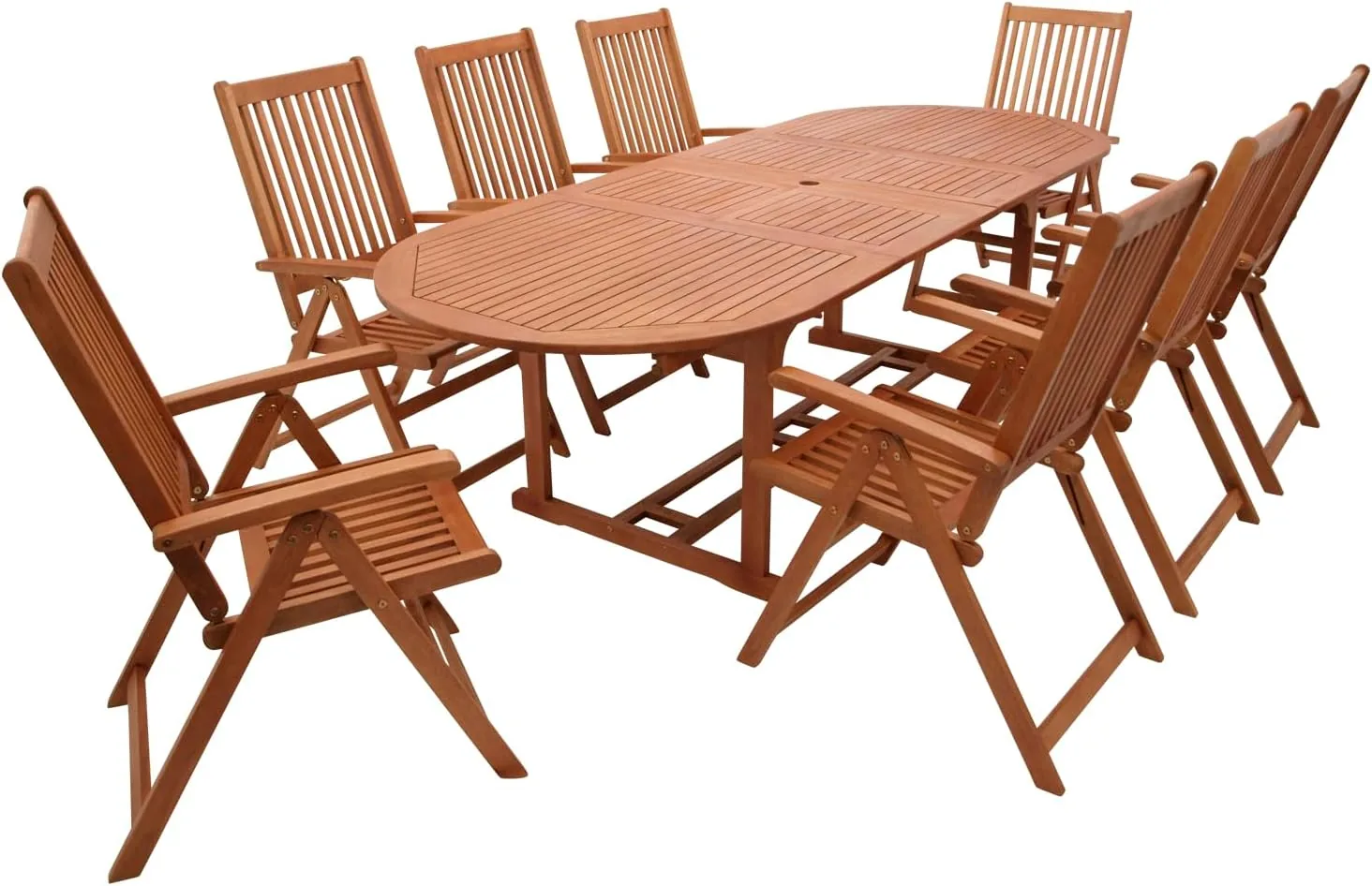 DEGAMO Garten Outdoor Sitzgruppe LAGO in XL-Ausführung, 9-teilig: 8X Klappsesessel verstellbar, 1x Ausziehtisch 260x100cm oval, Eukalyptus-Holz, braun geölt