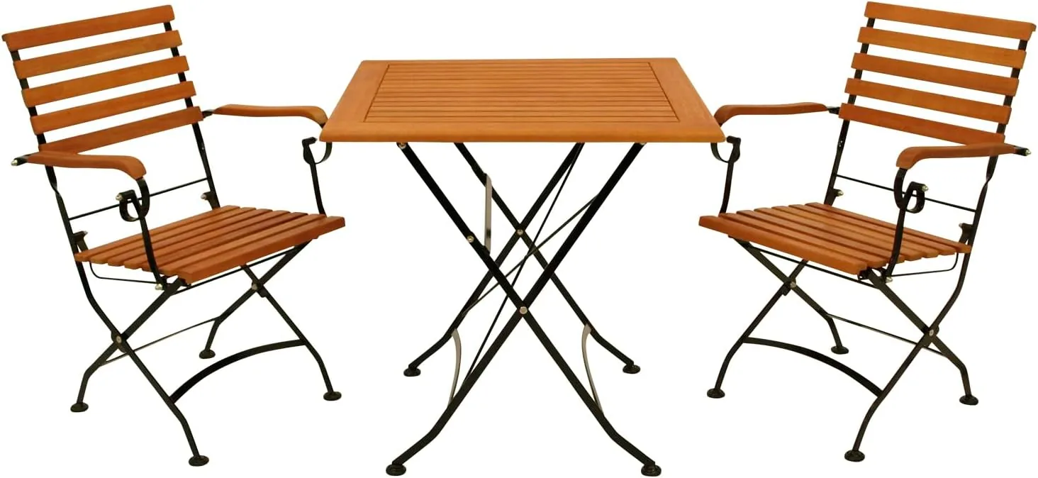 DEGAMO Garten Sitzgruppe Klappgarnitur HOFGARTEN 3-teilig (2X Armlehnensessel, 1x Tisch 75x75cm), Stahl schwarz pulverbeschichtet, Eukalyptus Holz braun geölt, FSC®-Zertifiziert, Outdoor