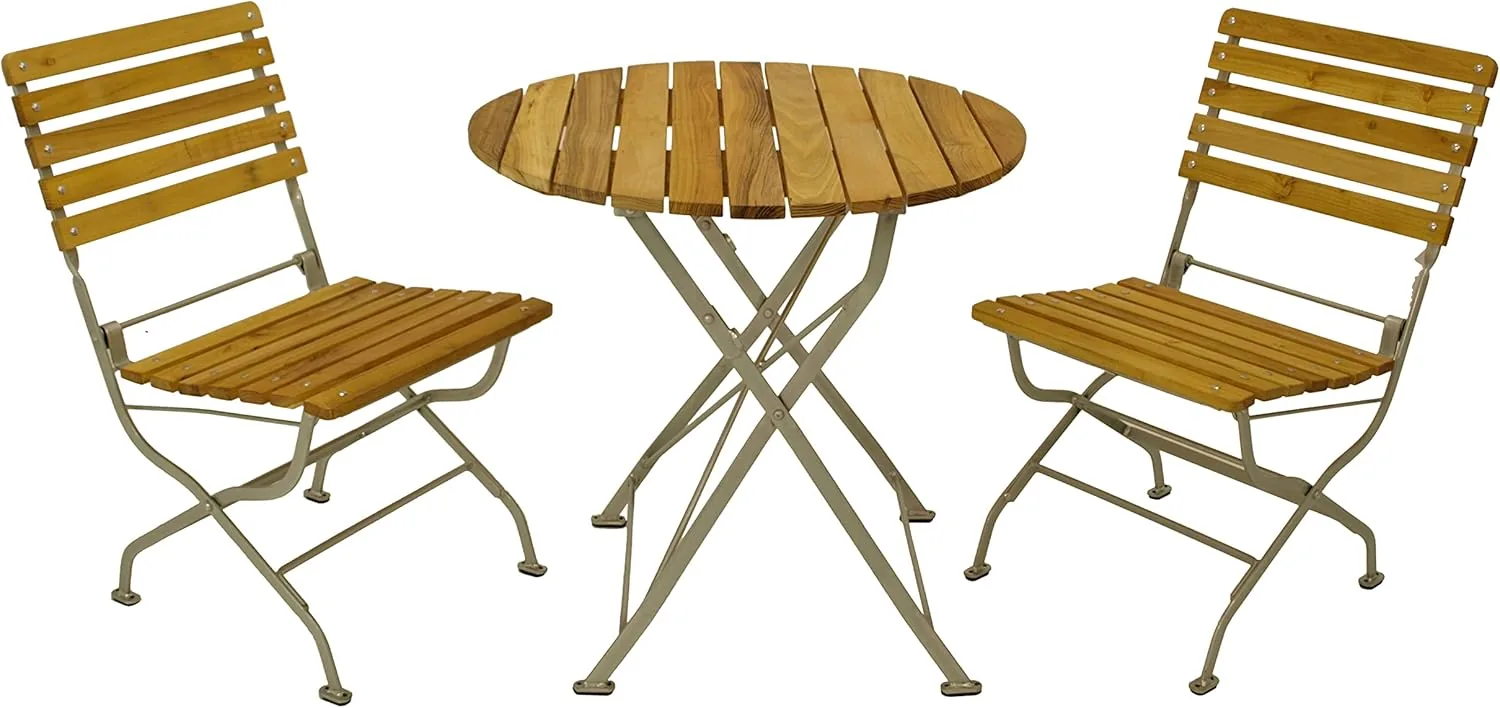 DEGAMO Garten Sitzgruppe Klappgarnitur Passau 3-teilig (2X Stuhl, 1x Tisch rund 77cm), Gestell Flachstahl verzinkt und transparent pulverbeschichtet, Belattung Robinien Holz, Outdoor