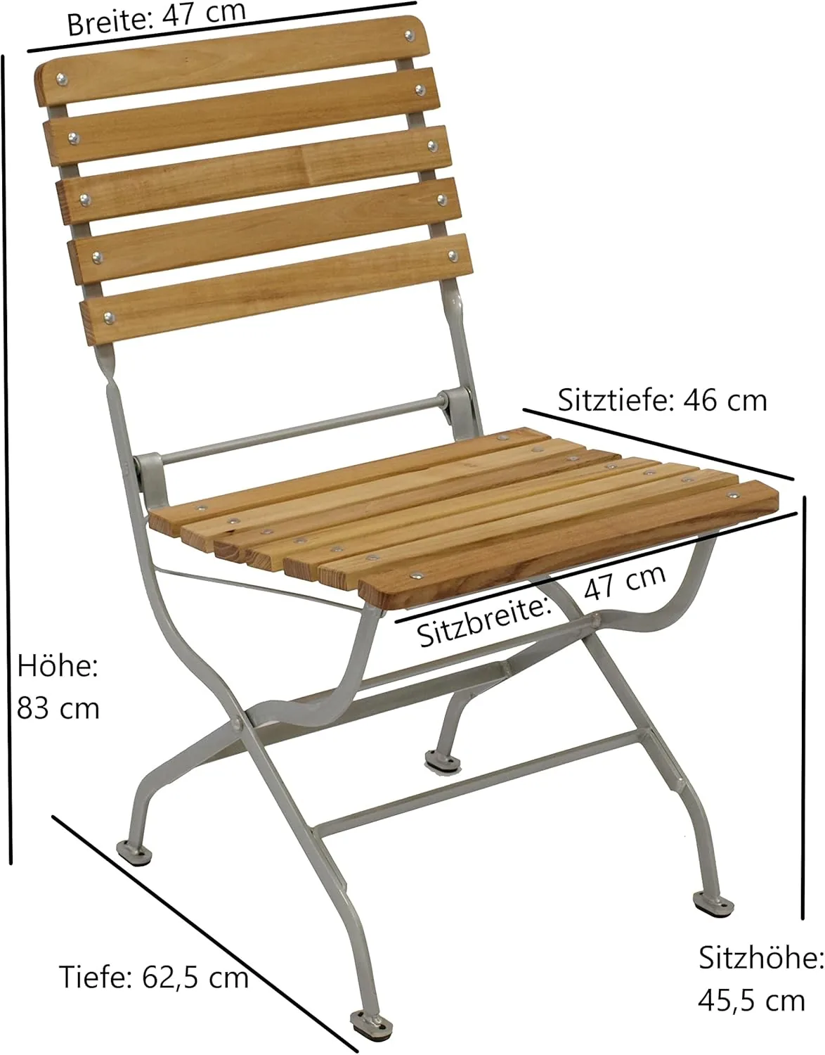 DEGAMO Garten Sitzgruppe Klappgarnitur Passau 3-teilig (2X Stuhl, 1x Tisch rund 77cm), Gestell Flachstahl verzinkt und transparent pulverbeschichtet, Belattung Robinien Holz, Outdoor — Ansicht 6