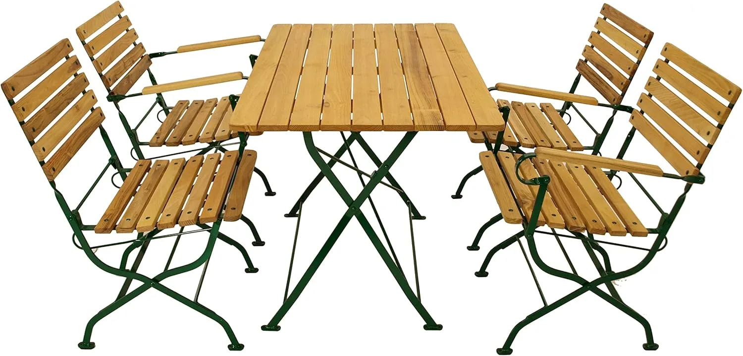 DEGAMO Garten Sitzgruppe Klappgarnitur Passau 5-teilig (2X Stuhl, 2X Armlehnensessel, 1x Tisch 70x110cm), Gestell Flachstahl dunkelgrün, Belattung Robinien Holz, Outdoor