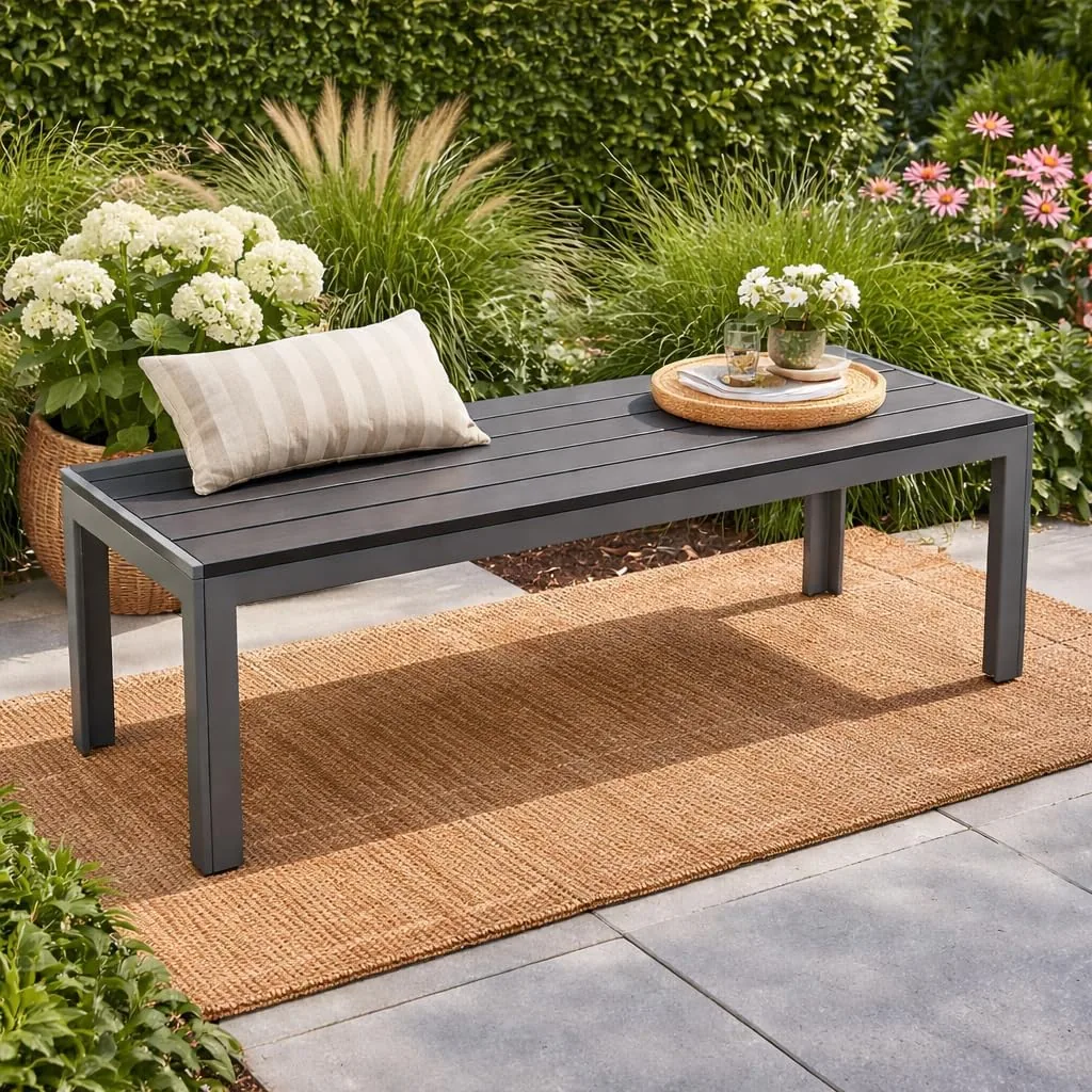 DEGAMO Gartenbank Hockerbank Sorano 2-sitzer 120cm, Gestell Aluminium Silbergrau, Sitzfläche Kunstholz dunkelgrau, Outdoor — Ansicht 2