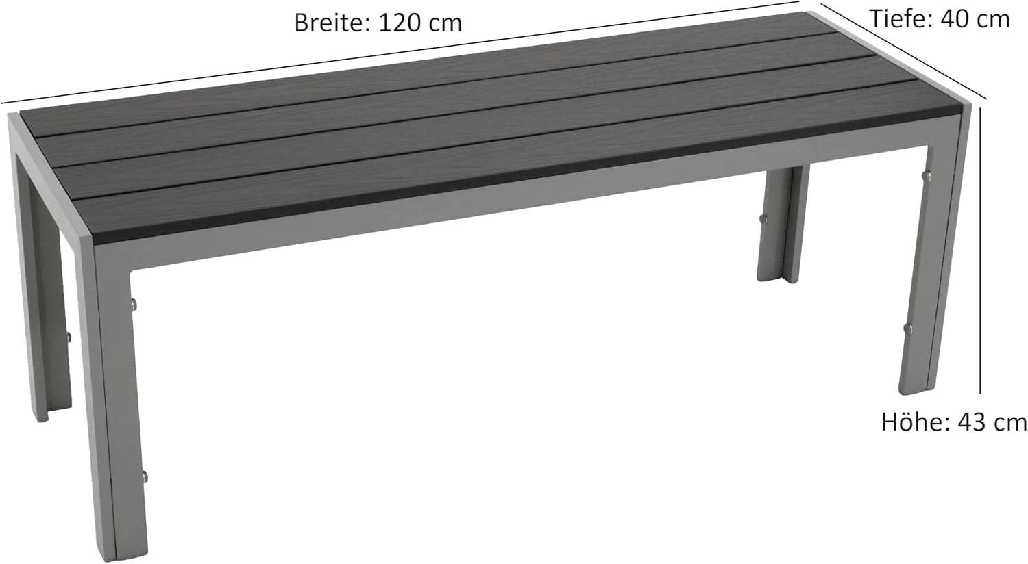 DEGAMO Gartenbank Hockerbank Sorano 2-sitzer 120cm, Gestell Aluminium Silbergrau, Sitzfläche Kunstholz dunkelgrau, Outdoor — Ansicht 3