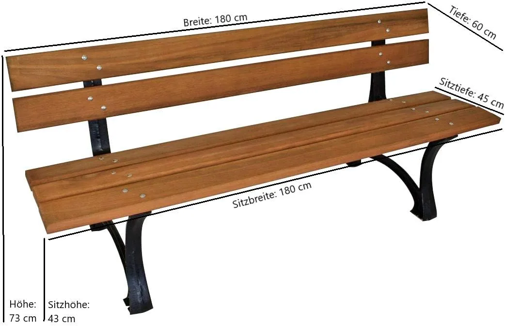 DEGAMO Gartenbank Parkbank Luzern 180cm Länge 4-sitzer, Gestell Gusseisen schwarz, Belattung Eukalyptus Holz braun geölt, Outdoor — Ansicht 2