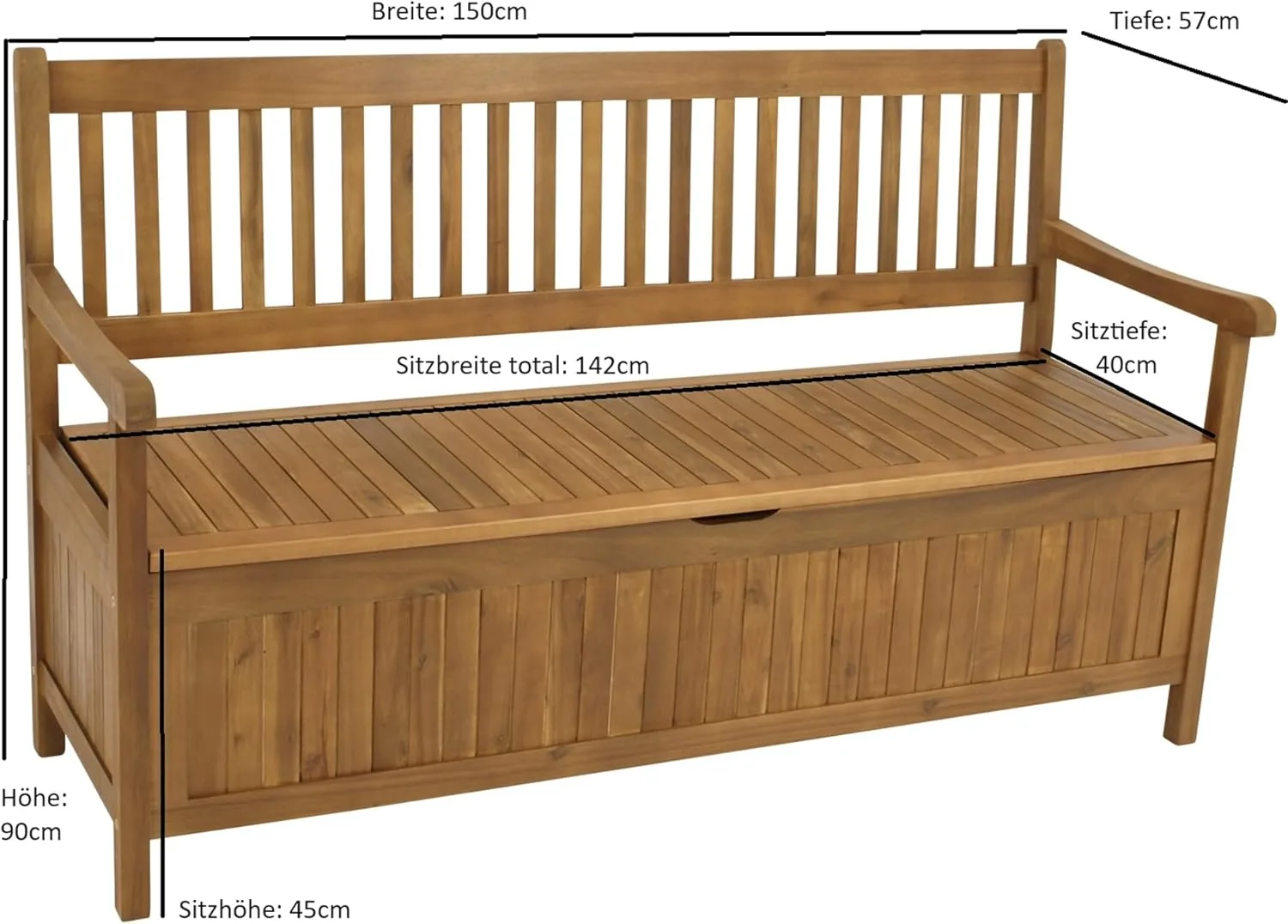 DEGAMO Gartenbank Truhenbank Benita 3-sitzer 150cm, Akazienholz braun geölt, Outdoor — Ansicht 2