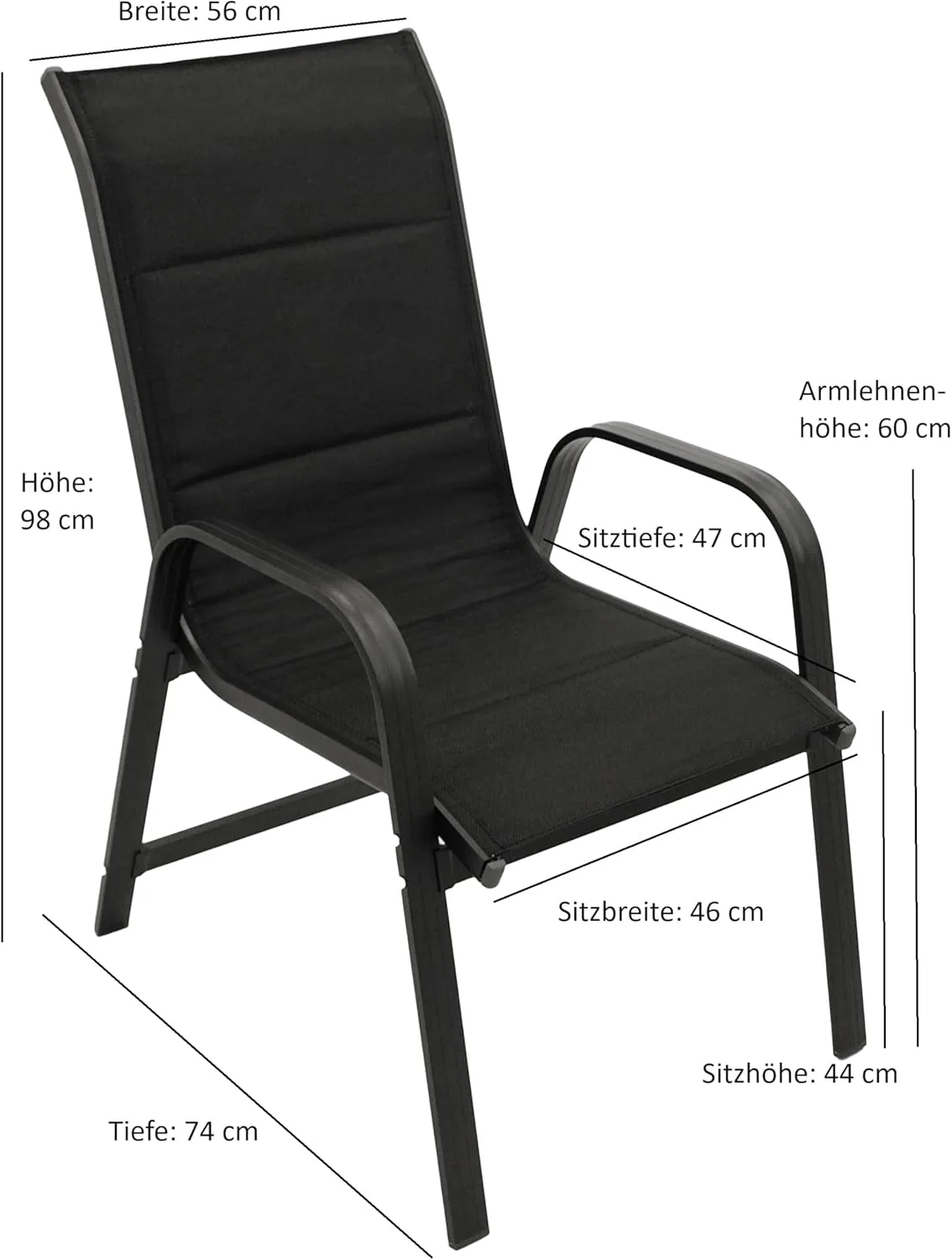 DEGAMO Gartengarnitur Alcudia 5-teilig, 4X Stapelsessel aus Aluminium anthrazit und gepolstertem Textilgewebe in schwarz + 1x Ausziehtisch Aluminium 70/140x70cm, anthrazit — Ansicht 5