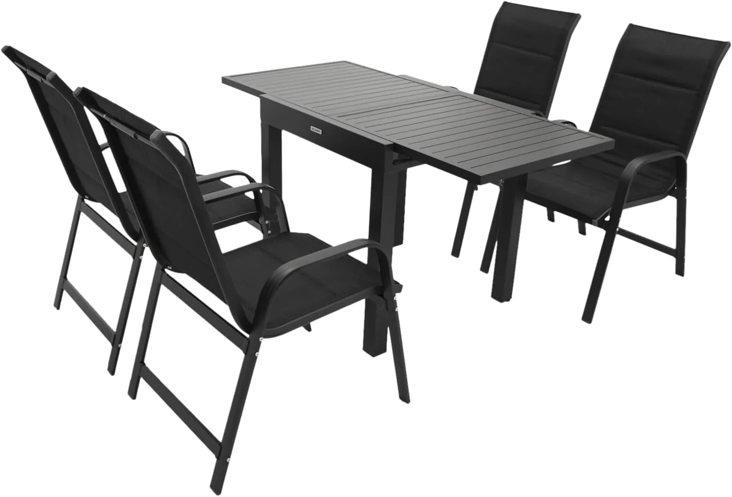 DEGAMO Gartengarnitur Alcudia 5-teilig, 4X Stapelsessel aus Aluminium anthrazit und gepolstertem Textilgewebe in schwarz + 1x Ausziehtisch Aluminium 70/140x70cm, anthrazit