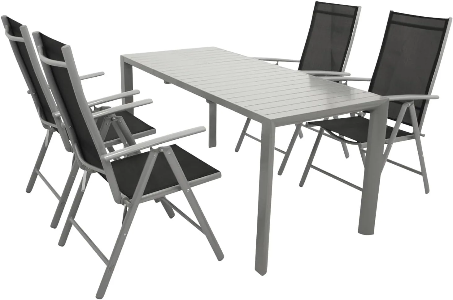 DEGAMO Gartengarnitur BAGO 5-teilig, 4X Klappsessel aus Aluminium Silbergrau und Textilgewebe in schwarz + 1x Ausziehtisch Aluminium 120/162x70cm, Silbergrau — Ansicht 3