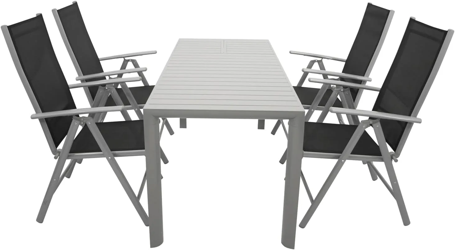 DEGAMO Gartengarnitur BAGO 5-teilig, 4X Klappsessel aus Aluminium Silbergrau und Textilgewebe in schwarz + 1x Ausziehtisch Aluminium 120/162x70cm, Silbergrau