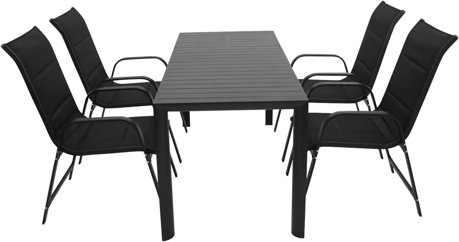 DEGAMO Gartengarnitur Lagos 5-teilig, 4X Stapelsessel aus Aluminium anthrazit und gepolstertem Textilgewebe in schwarz + 1x Ausziehtisch Aluminium 120/162x70cm, anthrazit — Ansicht 2