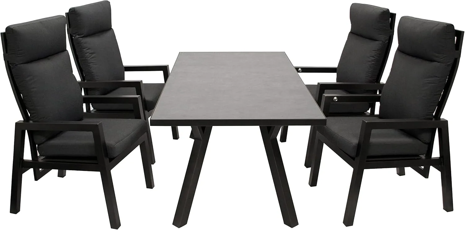 DEGAMO Gartengarnitur MANCIANO 5-teilig, 4X Hochlehner Sessel mit Verstellbarer Rückenlehne und 1x Gartentisch 90x180cm mit Glasplatte in Keramikoptik dunkelgrau