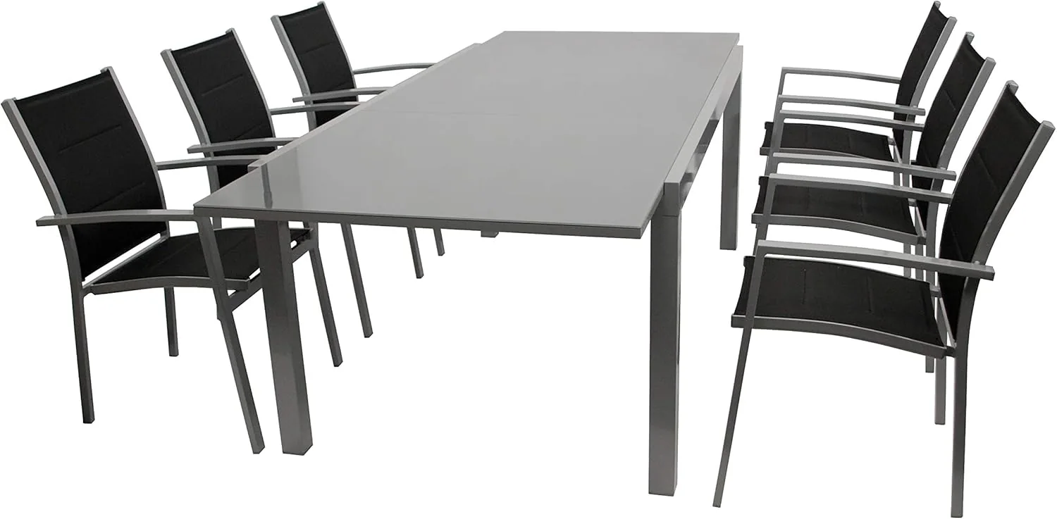 DEGAMO Gartengarnitur Marina 7-teilig, 6X Stapelsessel aus Aluminium Silbergrau und gepolstertem Textilgewebe in schwarz sowie 1x Ausziehtisch Aluminium + Glas 180/240x100cm, Silbergrau