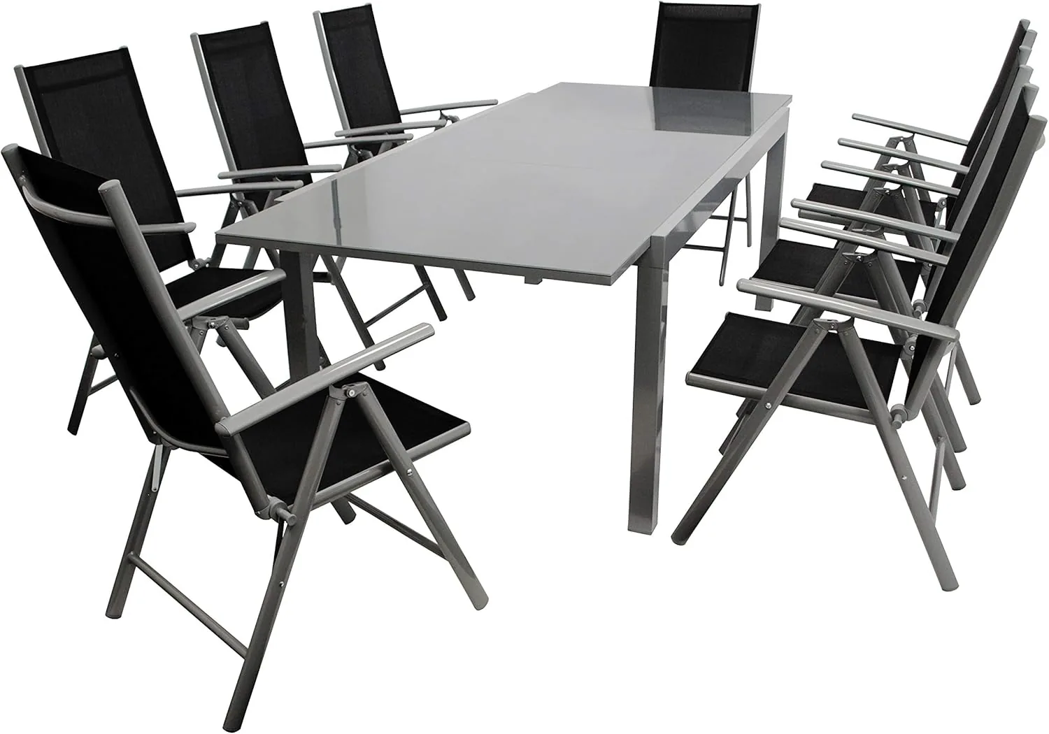 DEGAMO Gartengarnitur Marina 9-teilig, 8X Hochlehner und 1x Ausziehtisch Aluminium mit Glasplatte 180/240x100cm, Outdoor