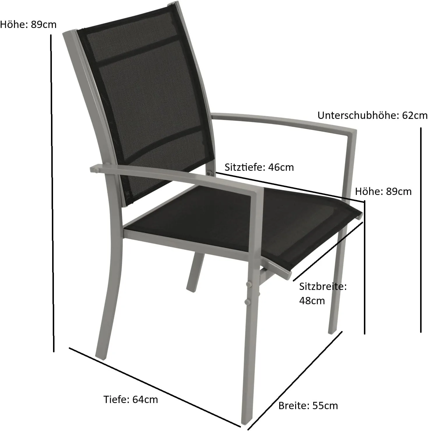 DEGAMO Gartengarnitur Pino 5-teilig, 4X Stapelsessel mit Stahlgestell und Kunstgewebebespannung 2 * 1 schwarz, 1x Tisch 70x120cm mit Stahlgestell und Glasplatte — Ansicht 5
