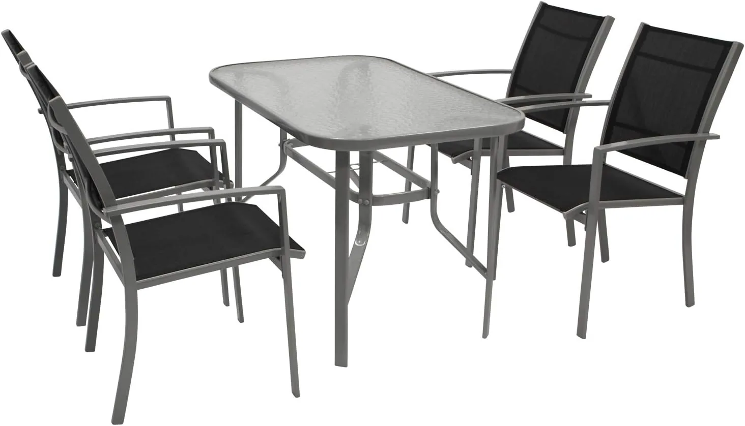 DEGAMO Gartengarnitur Pino 5-teilig, 4X Stapelsessel mit Stahlgestell und Kunstgewebebespannung 2 * 1 schwarz, 1x Tisch 70x120cm mit Stahlgestell und Glasplatte
