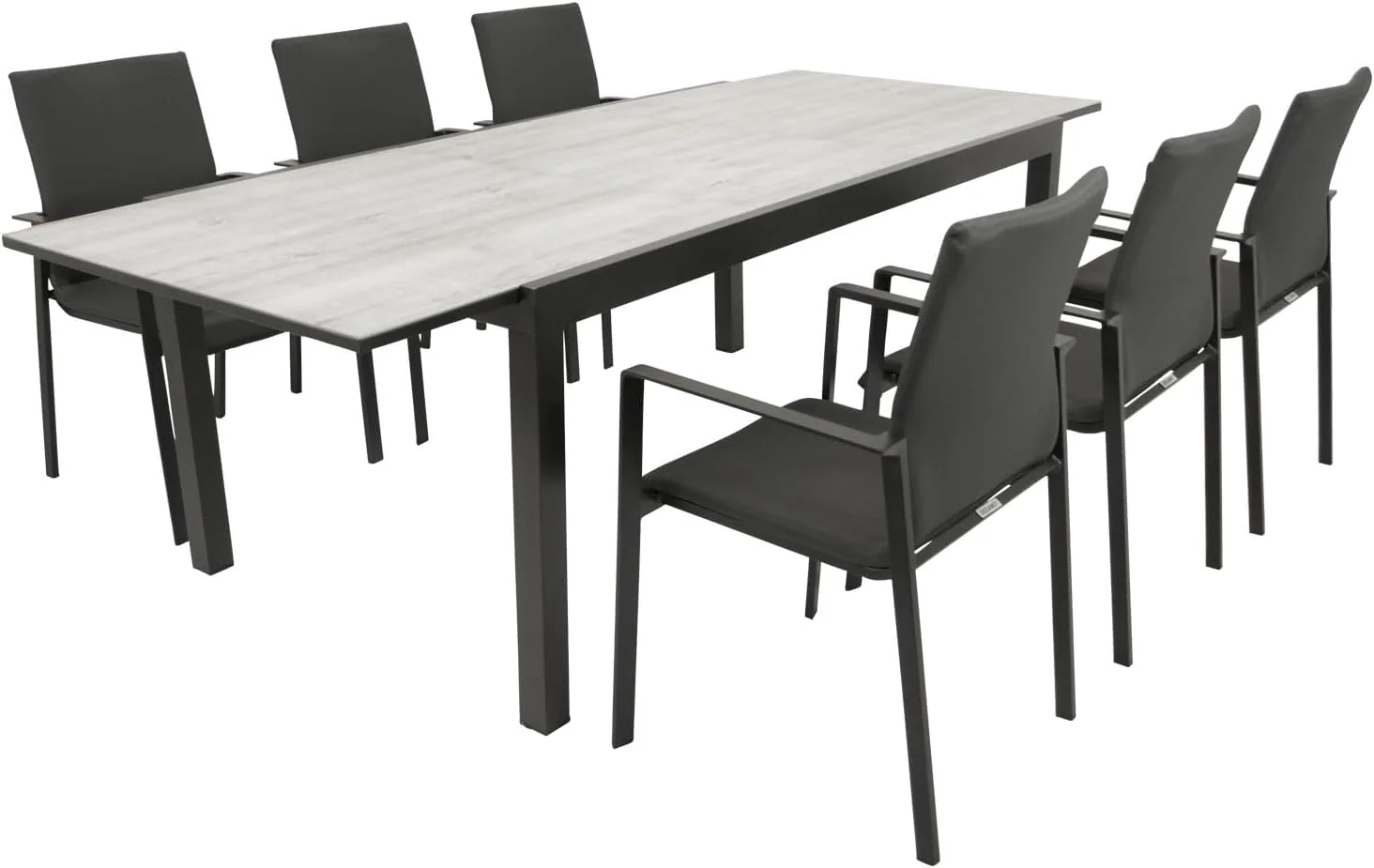DEGAMO Gartengarnitur Sitzgruppe FARO 7-teilig (6X Stapelsessel aus Aluminium anthrazit sowie 1x Ausziehtisch Aluminium + Glas in Keramikoptik 180/240x100cm), Outdoor