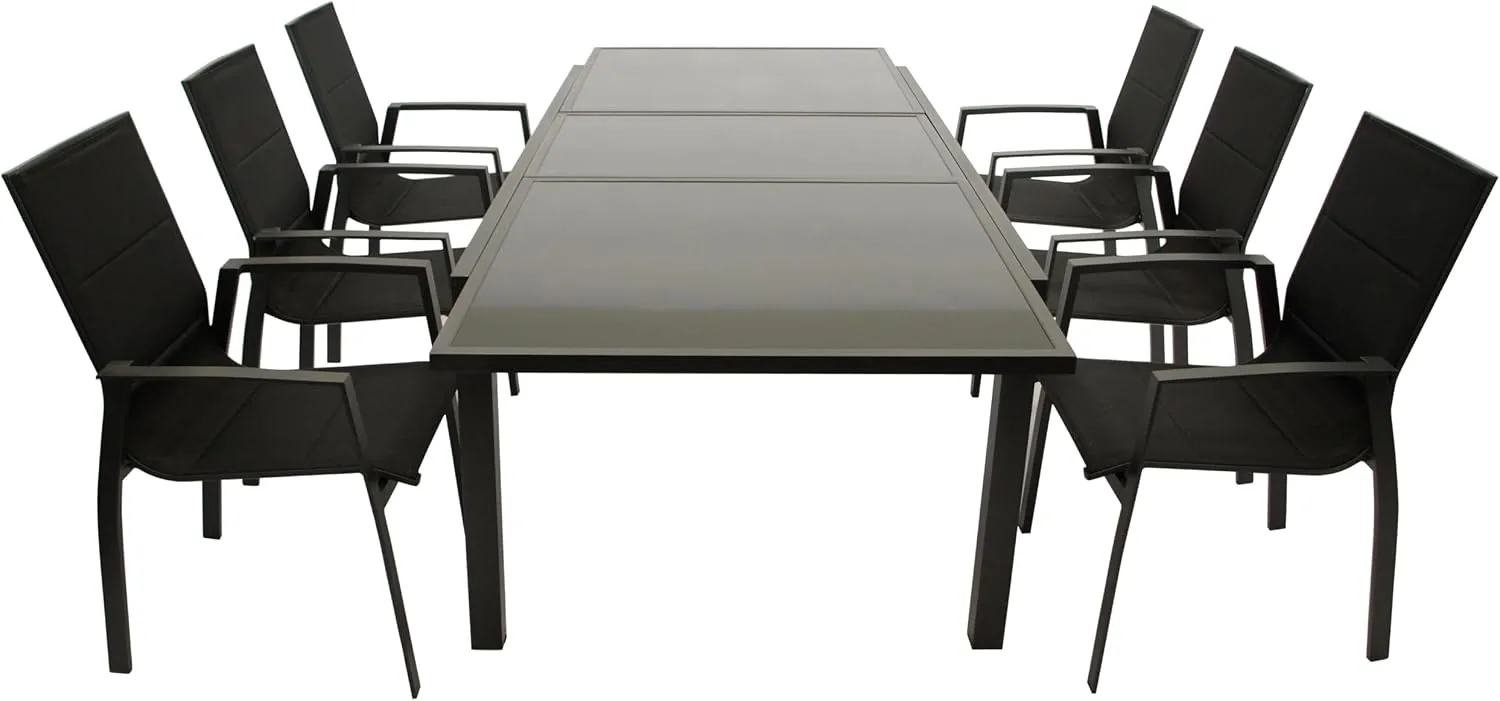 DEGAMO Gartengarnitur Sitzgruppe Torino 7-teilig, 6X Stapelsessel aus Aluminium anthrazit und gepolstertem Textilgewebe in schwarz sowie 1x Ausziehtisch Aluminium + Glas 180/240x100cm, anthrazit
