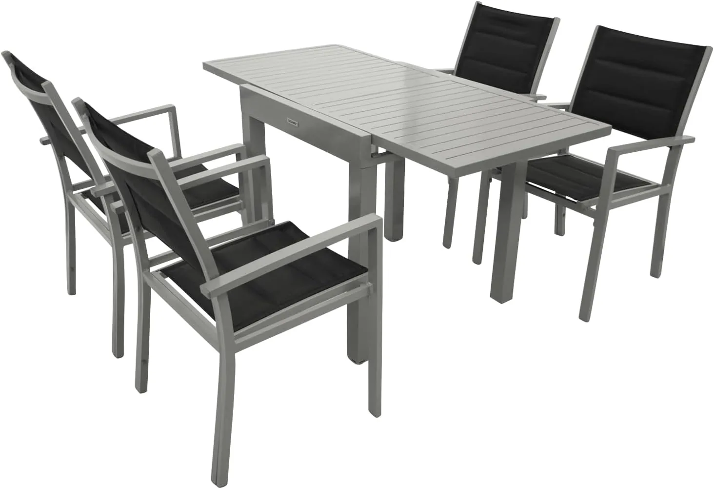 DEGAMO Gartengarnitur Tirana 5-teilig, 4X Gartensessel aus Aluminium Silbergrau und gepolstertem Textilgewebe in schwarz + 1x Ausziehtisch Aluminium 70/140x70cm, Silbergrau