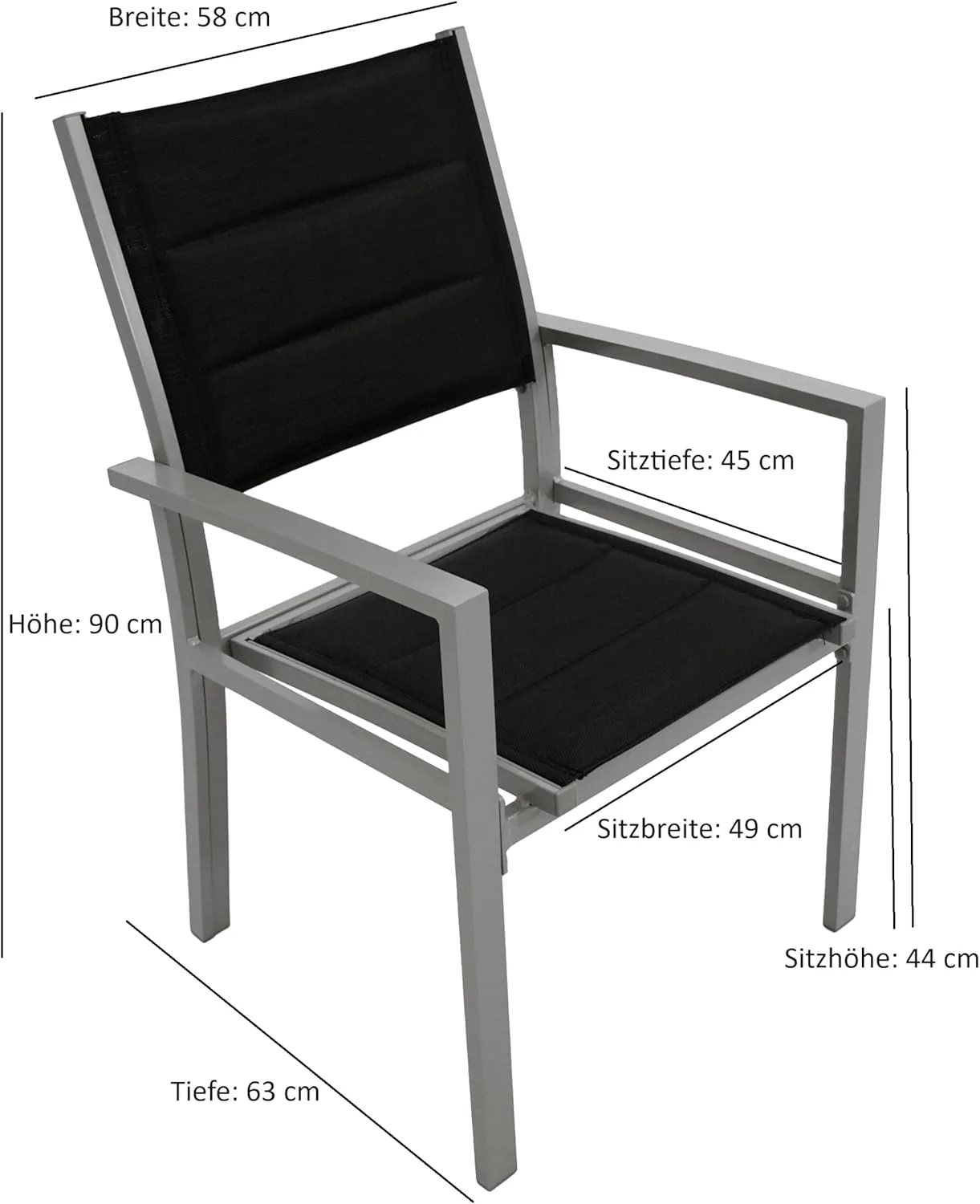 DEGAMO Gartengarnitur Tirana 5-teilig, 4X Gartensessel aus Aluminium Silbergrau und gepolstertem Textilgewebe in schwarz + 1x Ausziehtisch Aluminium 70/140x70cm, Silbergrau — Ansicht 5