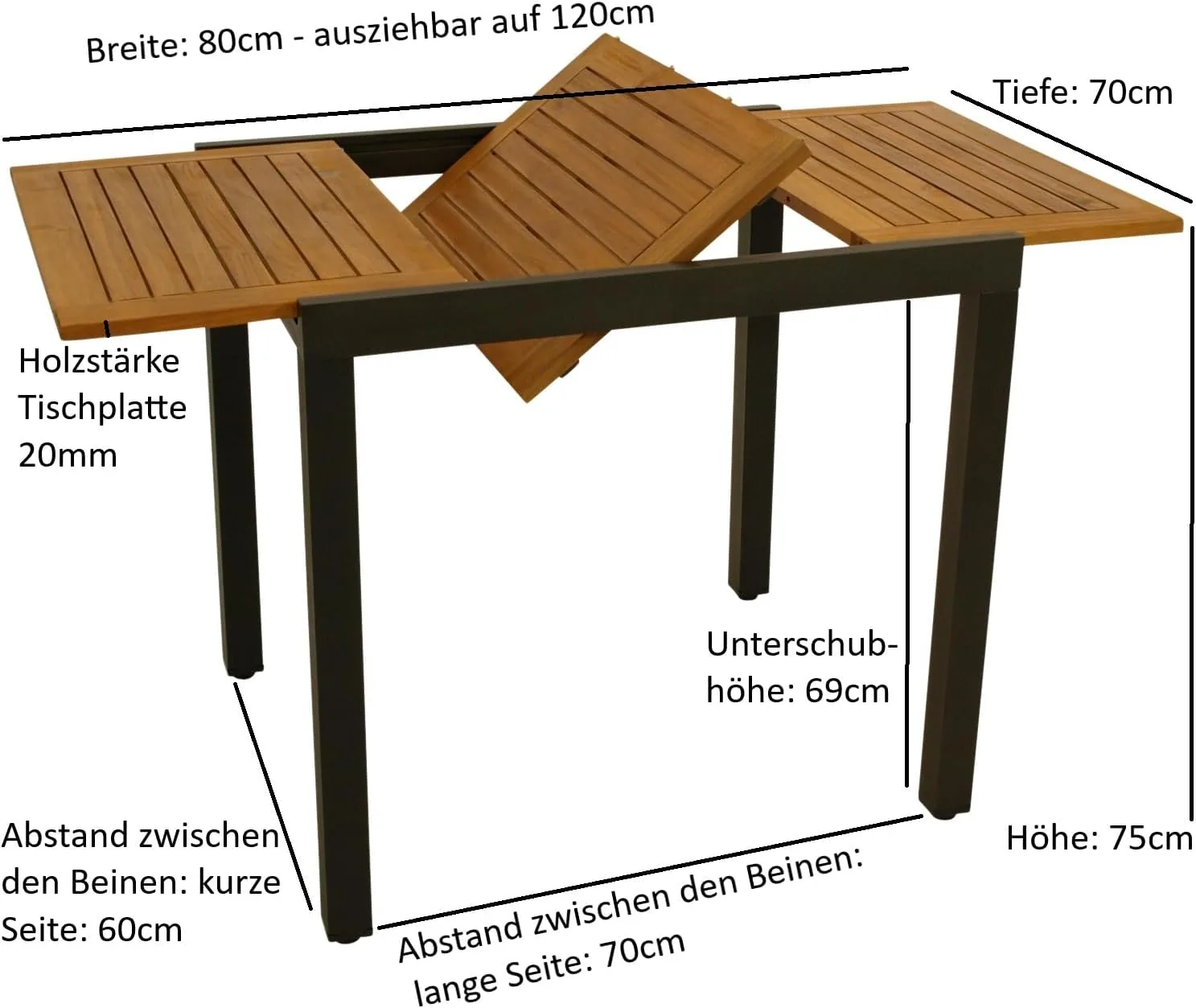 DEGAMO Gartengarnitur Vicenza 5-teilig, 4X Hochlehner Klappsessel anthrazit und 1x Ausziehtisch Aluminium mit Tischplatte Akazie 80/120x70cm, Outdoor — Ansicht 5