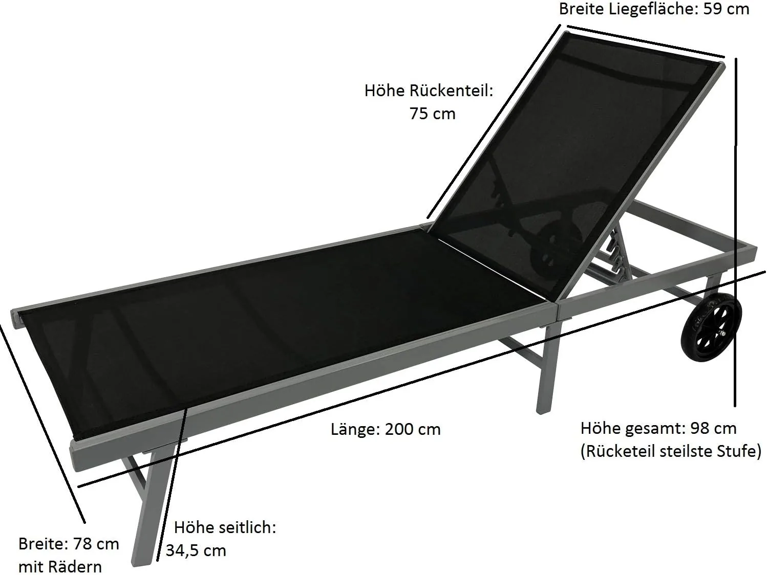 DEGAMO Gartenliege Rollenliege Ostia 200cm, Aluminium Silbergrau + Kunstgewebe schwarz wetterfest, Rückenteil 5-Fach verstellbar, Outdoor — Ansicht 6