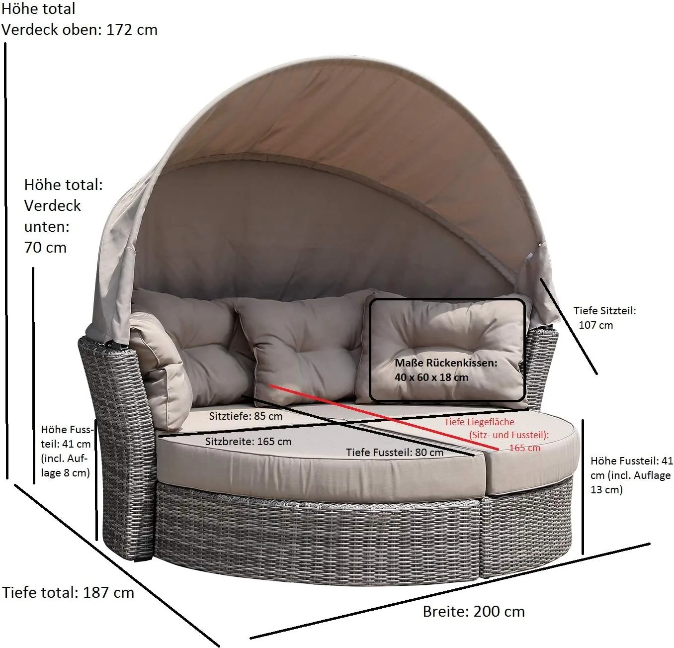 DEGAMO Gartenliege Sonneninsel Marbella, Alu, Halbrund, Grau Bicolor | Geflecht, Polster taupefarben, Klappbares Verdeck, Outdoor — Ansicht 2