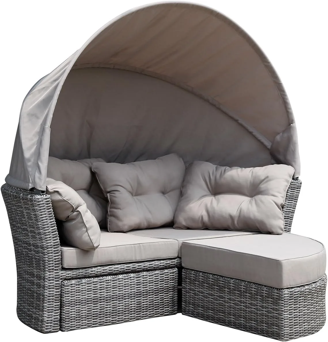 DEGAMO Gartenliege Sonneninsel Marbella, Alu, Halbrund, Grau Bicolor | Geflecht, Polster taupefarben, Klappbares Verdeck, Outdoor — Ansicht 3
