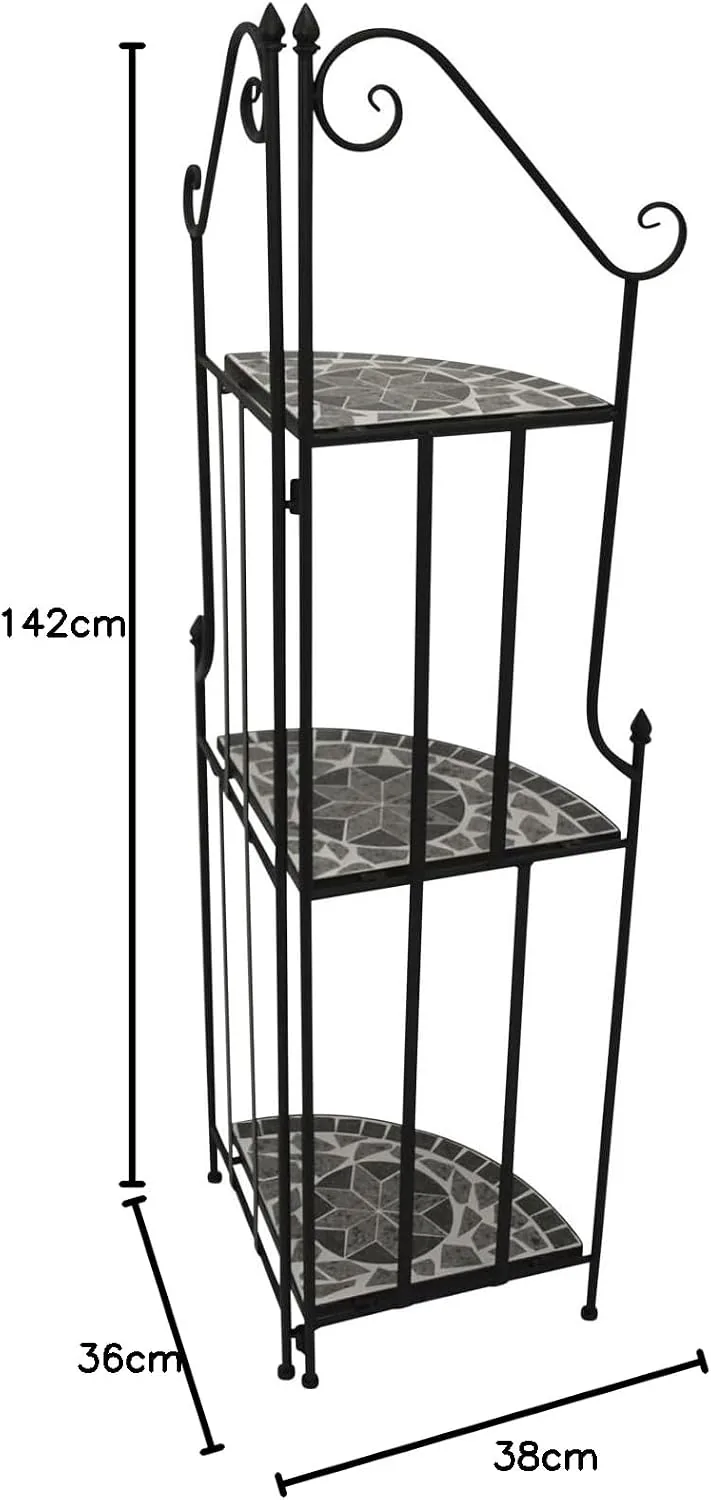 DEGAMO Gartenregal Eckregal Siena 38x36x142cm, Gestell Metall schwarz, Regalböden aus Keramik in Mosaik-Optik grau/Weiss, Outdoor und Indoor — Ansicht 2